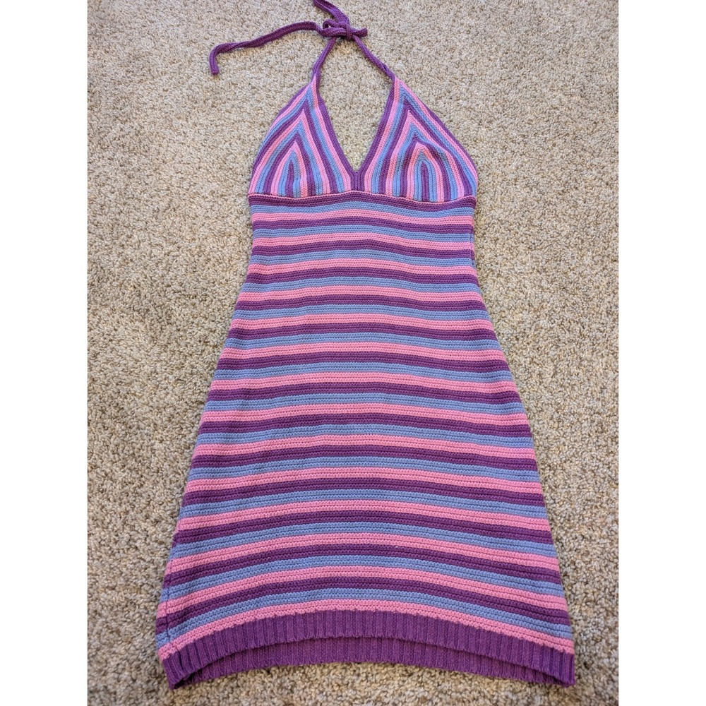 Wild Fable Purple Pink Striped Crochet Halter Mini Dress XS Sleeveless V-Neck